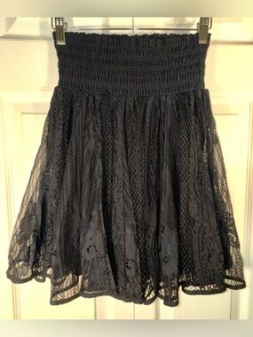 Maje Black Lace Fishnet Mini Skirt Smocked Waist Size 3